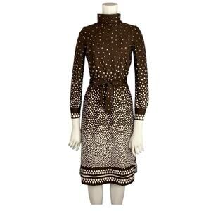Vintage 70s Brown White Heart Print Long Sleeve Midi Dress Belted Modest SMALL
